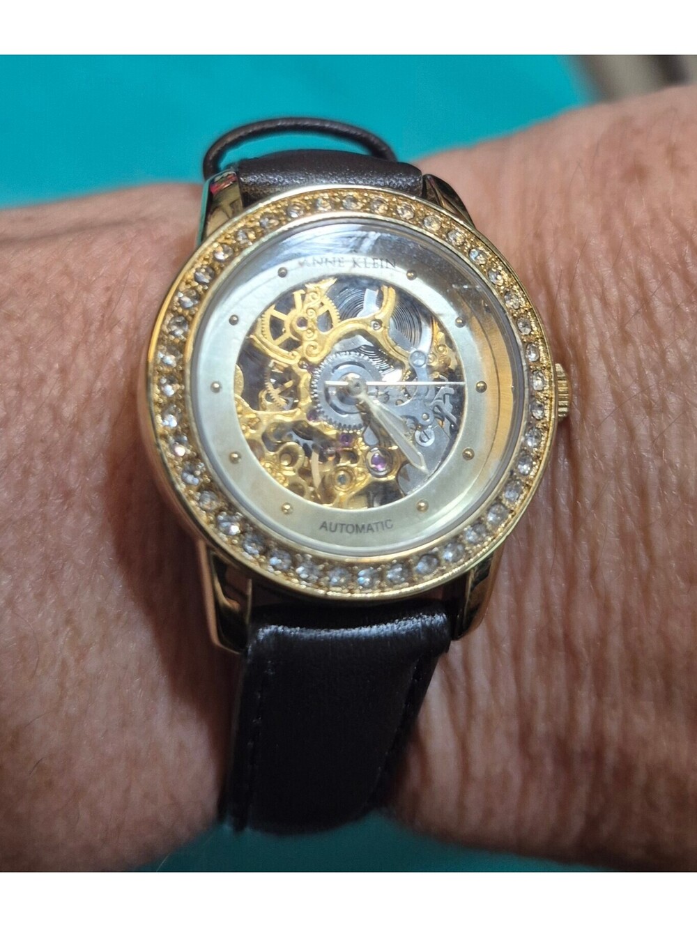 Anne Klein Gold Skeleton Automatic Watch Crystal Bezel Leather Strap